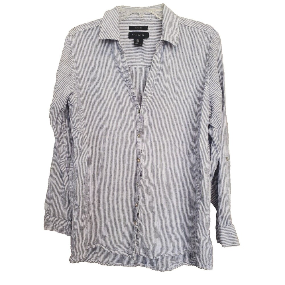 Tahari 100% Linen Blue Striped Roll-Tab Sleeve Button-Up Tunic Size M Beachy